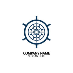 Obraz premium Ship steering wheel and conpass rose navigation symbol or logo isolated on white background - vector illustration