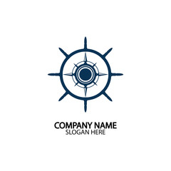Obraz premium Ship steering wheel and conpass rose navigation symbol or logo isolated on white background - vector illustration
