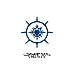 Ship steering wheel and conpass rose navigation symbol or logo isolated on white background - vector illustration