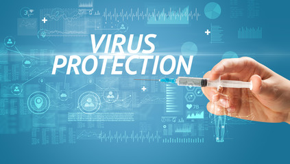 Syringe needle with virus vaccine and VIRUS PROTECTION inscription, antidote concept