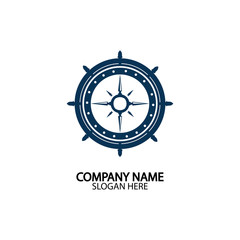 Ship steering wheel and conpass rose navigation symbol or logo isolated on white background - vector illustration