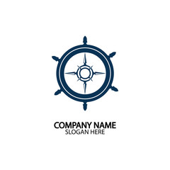Ship steering wheel and conpass rose navigation symbol or logo isolated on white background - vector illustration