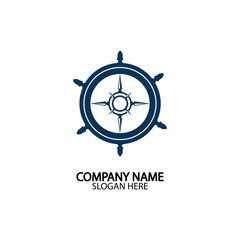 Ship steering wheel and conpass rose navigation symbol or logo isolated on white background - vector illustration