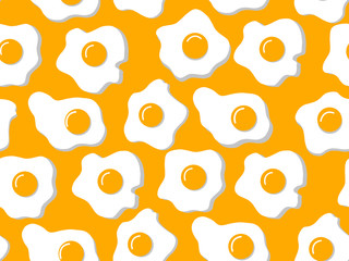 Bright seamless pattern of broken fried eggs with shadow on an isolated orange background. Background color can be changed. Flat design. Print on fabric, wrapping paper wallpaper. Vector illustration.