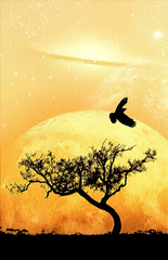 Fiction book cover template - landscape of lone tree silhouette and flying bird with planet in...
