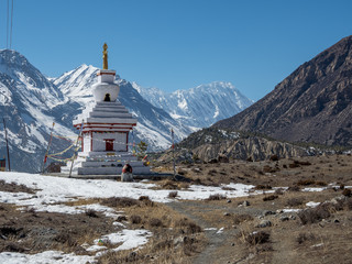 Stupas in front of the Annapurna massif, Annapurna Trek, Nepal
