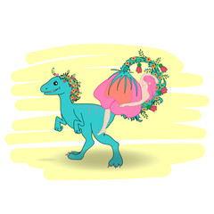 Sleeping girl and dinosaur. Good night sweet dreams.  Vector illustration of character in cartoon flat style. graphic pajama printed design. 