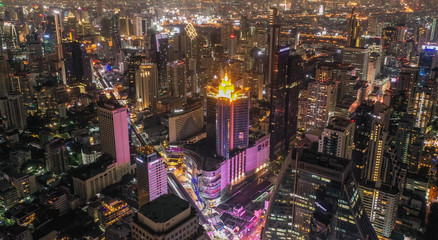 Aerial view of Asoke intersection and sky train station in Bangkok Thailand