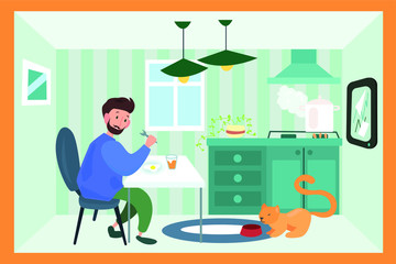 Vector illustration of man eating breakfast along with cat