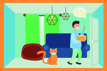 Vector illustration of man ordering pizza while being at home 
