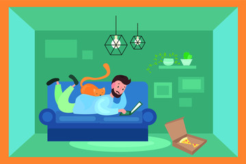 Vector illustration of young man chilling with pizza and a cat