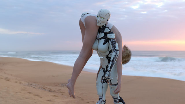 the robot carries an unconscious woman