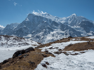 Obraz premium View from ice lake in front of the Annapurna massif, Annapurna Trek, Nepal