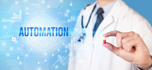 Doctor giving a pill with AUTOMATION inscription, new technology solution concept