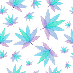 Marijuana leaves bright seamless pattern on a white background.