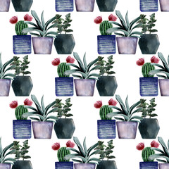 Watercolor seamless patterns with different types of cacti in multicolored pots