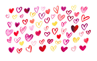 Painted watercolor hearts in pink, red, yellow, orange and purple