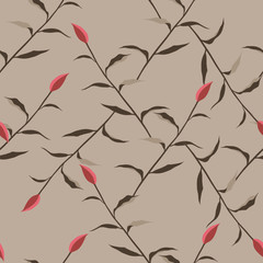 Vector seamless pattern with red lilies. Cream and brown colors. Suitable for textile or wrapping paper design