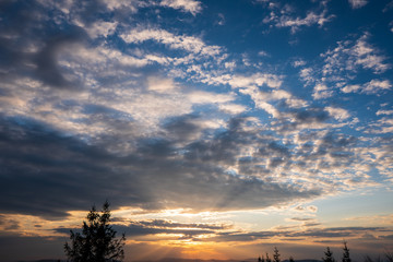 Fototapeta na wymiar sunrise with beautiful sky and silhouette of landscape, czech beskydy
