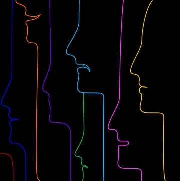 people profiles in many color, people creative concept, crowd concept, color of inner emotions,