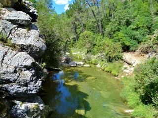 Impresionante paisaje de cascadas de agua y r&iacute;os que se abren paso entre el verde de la vegetaci&oacute;n y el bosque en las monta&ntilde;as en el Parque Natural de la Sierra de Cazorla