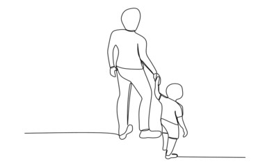 Continuous single line drawing of a father holding his child hand while walking 