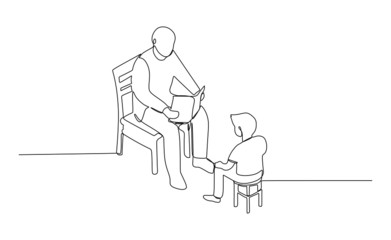 Grandfather reading a story book to his grand child - Continuous single line drawing vector