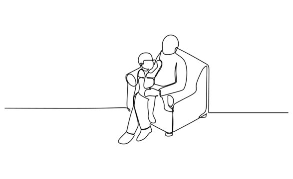 One line drawn vector of a grand father is reading a story book for his grand son