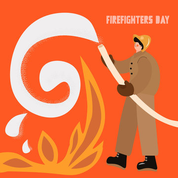 Firefighters day vector flat colorful concept. A fireman in uniform extinguishes a fire with a foam hose.