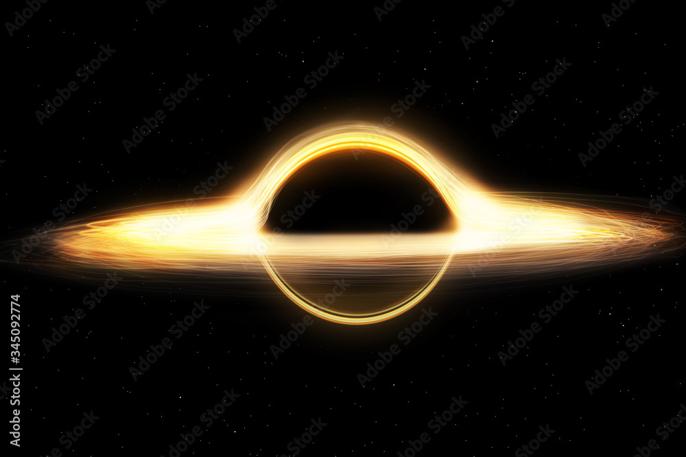 Poster black hole and a disk of glowing plasma. supermassive singularity in outer space,