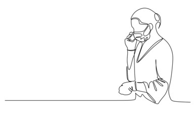 A woman wearing surgical mask and latex gloves having a phone call. Continuous one line drawing