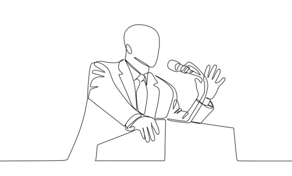 A Man Made A Speech At The Podium. One Line Continuous Hand Drawn Vector 