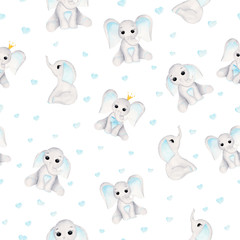 Baby elephant animal and blue hearts watercolor seamless pattern. Digital paper for fabric textile and nursery.