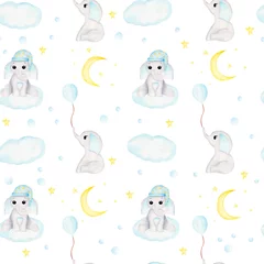 Tapeten Tiere mit Ballon Nahtloses Muster mit Elefantenbaby, Halbmond, Sternen und Wolken. Aquarell handgezeichnete Illustration digitales Papier.