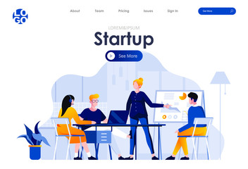 Startup project flat landing page design. Business meeting of creative team with whiteboard presentation scene with header. Communication and conversations between colleagues. Work process situation.