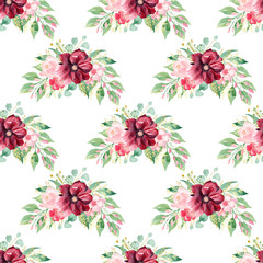 Watercolor seamless pattern floral bouquet clipart. Burgundy and pink flowers. Hand drawn digital paper.