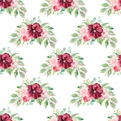 Fototapete Rund Aquarell nahtlose Muster Blumenstrauß Clipart. Burgunder und rosa Blumen. Handgezeichnetes digitales Papier. © tanialerro