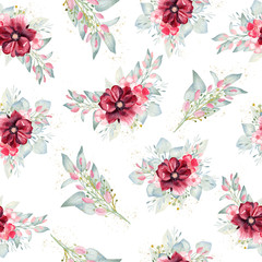 Watercolor seamless pattern floral bouquet clipart. Hand painted digital paper.