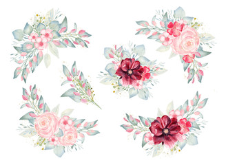 Fototapeta na wymiar Floral bouquets set watercolor clipart. Hand painted illustration with burgundy and pink flowers and greenery.