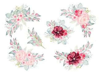 Selbstklebende Fototapeten Floral bouquets set watercolor clipart. Hand painted illustration with burgundy and pink flowers and greenery. © tanialerro