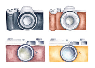 Cameras watercolor clipart set. Vintage retro photocamera hand painted illustration.
