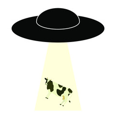 UFO silhouette and light picks up a cow, isolated on a white background, vector stock illustration