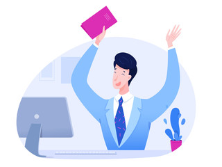 Happy successful manager front computer in office
