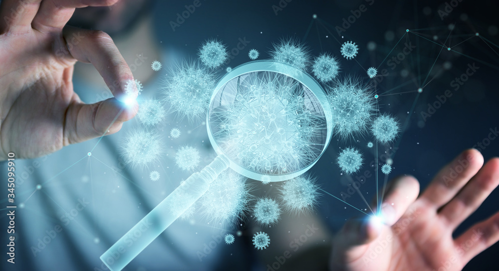 Aufkleber man analyzing holographic coronavirus projection through magnifying glass 3d rendering
