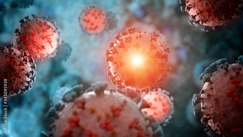 Poster microscope close-up of the coronavirus covid-19 disease. 2019-ncov spreading in body. 3d rendering o