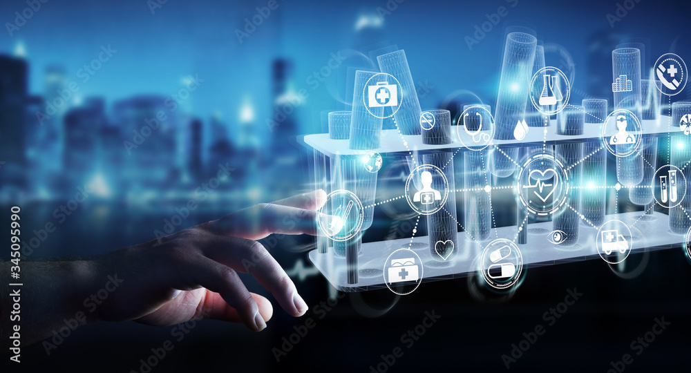 Poster man hand holding and touching holographic tubes samples projection 3d rendering