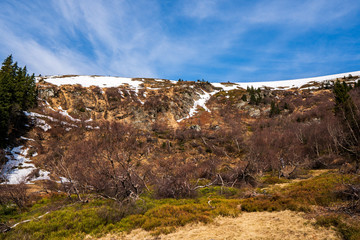 beautiful rock massif at the end of winter reveals destroyed trees below it in avalanches, czech jeseniky mountains Velky Kotel