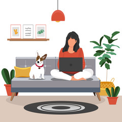 Woman sitting on the chair with laptop. Freelance or studying concept. Girl working at home in home office. Daily life of freelance worker, everyday routine. Cartoon flat vector stock illustration.