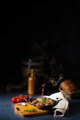 Homemade white sausage fried with onion and herbs