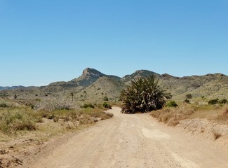 Panorama casi lunar con paisaje de playa de arena rojiza y paraje desértico con acantilados en la costa del Mar Mediterráneo dentro del Parque Regional de Calblanque en Murcia